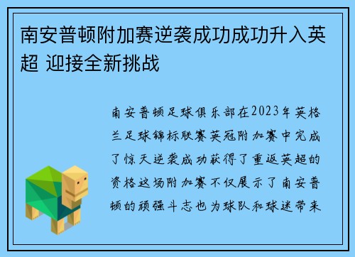 南安普顿附加赛逆袭成功成功升入英超 迎接全新挑战